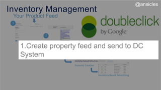 Your Product Feed
Feed Upload
Campaign Creation
Dynamic Creative
2
.
Inventory Management
3
.
4
.
Inventory-Based Advertising
1
.
1.Create property feed and send to DC
System
@ansicles
 