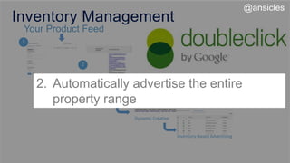 Your Product Feed
Feed Upload
Campaign Creation
Dynamic Creative
2
.
Inventory Management
3
.
4
.
Inventory-Based Advertising
1
.
2. Automatically advertise the entire
property range
@ansicles
 