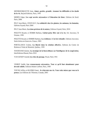 12


MONBOURQUETTE Jean, Aimer, perdre, grandir. Assumer les difficultés et les deuils
de la vie, Bayard Editions, Paris, 1995

MORIN Edgar, Les sept savoirs nécessaires à l’éducation du futur, Editions du Seuil,
Paris, 2000

PELT Jean-Marie, STEFFAN F, La solidarité chez les plantes, les animaux, les humains,
Editions Fayard, Paris 2004

PELT Jean-Marie, Les dons précieux de la nature, Editions Fayard, Paris, 2010

POLETTI Rosette et DOBBS Barbara, Lâcher-prise Dire oui à la vie, Ed. Jouvence, St
Etienne, 1998

POLETTI Rosette et DOBBS Barbara, La résilience. L’art de rebondir, Editions Jouvence,
Saint-Julien-en-Genevois, France, 2001

PORTELANCE Colette, La liberté dans la relation affective, Editions du Centre de
Relation d’Aide de Montréal, Québec, 1999

TOURNAND Juliette, La stratégie de la bienveillance ou l’intelligence de la coopération,
InterEditions-Dunod, Paris 2010

VAN GENEP Arnold, Les rites de passage, Picart, Paris 1981



VIORST Judith, Les renoncements nécessaires. Tout ce qu’il faut abandonner pour
devenir adulte, Editions Robert Laffont, Paris, 1988

YOUNG Jeffrey et KLOSKO Janet, Je réinvente ma vie. Vous valez mieux que vous ne le
pensez, Les Editions de l’Homme, Canada, 2003
 