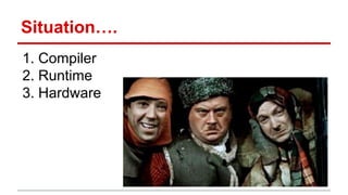 Situation…. 
1. Compiler 
2. Runtime 
3. Hardware 
 