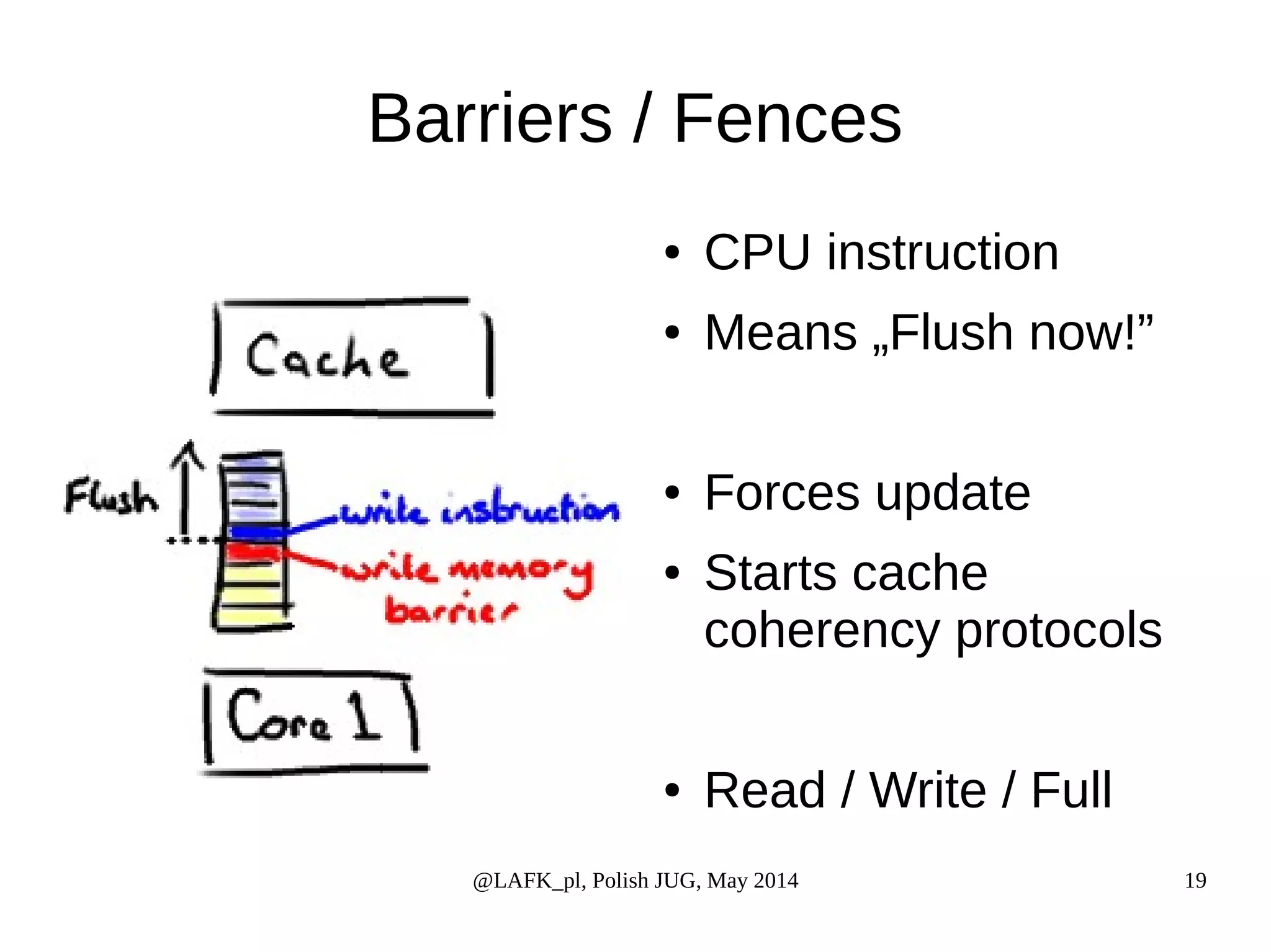 Barriers / Fences ● CPU instruction ● Means „Flush now!” ● Forces update ● Starts cache coherency protocols ● Read / Write / Full @LAFK_pl, Polish JUG, May 2014 19 