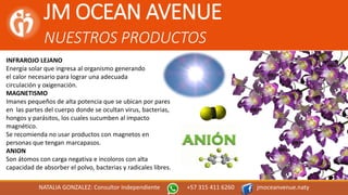 JM OCEAN AVENUE
NUESTROS PRODUCTOS
NATALIA GONZALEZ: Consultor Independiente +57 315 411 6260 jmoceanvenue.naty
INFRAROJO LEJANO
Energía solar que ingresa al organismo generando
el calor necesario para lograr una adecuada
circulación y oxigenación.
MAGNETISMO
Imanes pequeños de alta potencia que se ubican por pares
en las partes del cuerpo donde se ocultan virus, bacterias,
hongos y parásitos, los cuales sucumben al impacto
magnético.
Se recomienda no usar productos con magnetos en
personas que tengan marcapasos.
ANION
Son átomos con carga negativa e incoloros con alta
capacidad de absorber el polvo, bacterias y radicales libres.
 