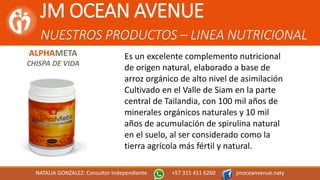 JM OCEAN AVENUE
NUESTROS PRODUCTOS – LINEA NUTRICIONAL
NATALIA GONZALEZ: Consultor Independiente +57 315 411 6260 jmoceanvenue.naty
ALPHAMETA
CHISPA DE VIDA
Es un excelente complemento nutricional
de origen natural, elaborado a base de
arroz orgánico de alto nivel de asimilación
Cultivado en el Valle de Siam en la parte
central de Tailandia, con 100 mil años de
minerales orgánicos naturales y 10 mil
años de acumulación de spirulina natural
en el suelo, al ser considerado como la
tierra agrícola más fértil y natural.
 