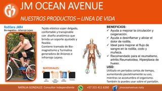 JM OCEAN AVENUE
NUESTROS PRODUCTOS – LINEA DE VIDA
NATALIA GONZALEZ: Consultor Independiente +57 315 411 6260 jmoceanvenue.naty
MATERIALES:
Tejido elástico súper delgado,
confortable y transpirable
con diseño anatómico que
brinda un soporte ajustado y
flexible.
Contiene tramado de Bio-
magnetismo y Turmalina
generadora de Aniones e
Infrarrojo Lejano.
.
BENEFICIOS:
 Ayuda a mejorar la circulación y
oxigenación.
 Ayuda a desinflamar y aliviar el
dolor de rodilla,
 Ideal para mejorar el flujo de
sangre en la rodilla, codo y
muñeca.
 Recomendado para el reumatismo,
artritis Reumatoidea, Hiperplaxia de
hueso.
USO:
Utilízalo en períodos cortos de tiempo,
aumentando paulatinamente su uso,
mientras se acostumbra el organismo.
También lo puedes usar sobre el pantalón.
 