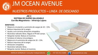 JM OCEAN AVENUE
NUESTROS PRODUCTOS – LINEA DE DESCANSO
NATALIA GONZALEZ: Consultor Independiente +57 315 411 6260 jmoceanvenue.naty
JMS3
SISTEMA DE SUEÑO SALUDABLE
Con Bio-Magnetismo – Infrarrojo Lejano
BENEFICIOS:
 Mejora la circulación y suministro de sangre de 10 – 15%.
 Reduce impurezas de la sangre.
 Ayuda a una correcta alineación ortopédica.
 Neutraliza radicales libres. Regula el PH del cuerpo.
 Relajante mental. Reduce el insomnio.
 Fortalece el sistema inmunológico.
 Mejora en el suministro de sangre de 10 – 15%.
 Reduce impurezas de la sangre.
 Alineación ortopédica.
 Neutraliza radicales libres.
 Relajante mental. Reduce el insomnio.
 