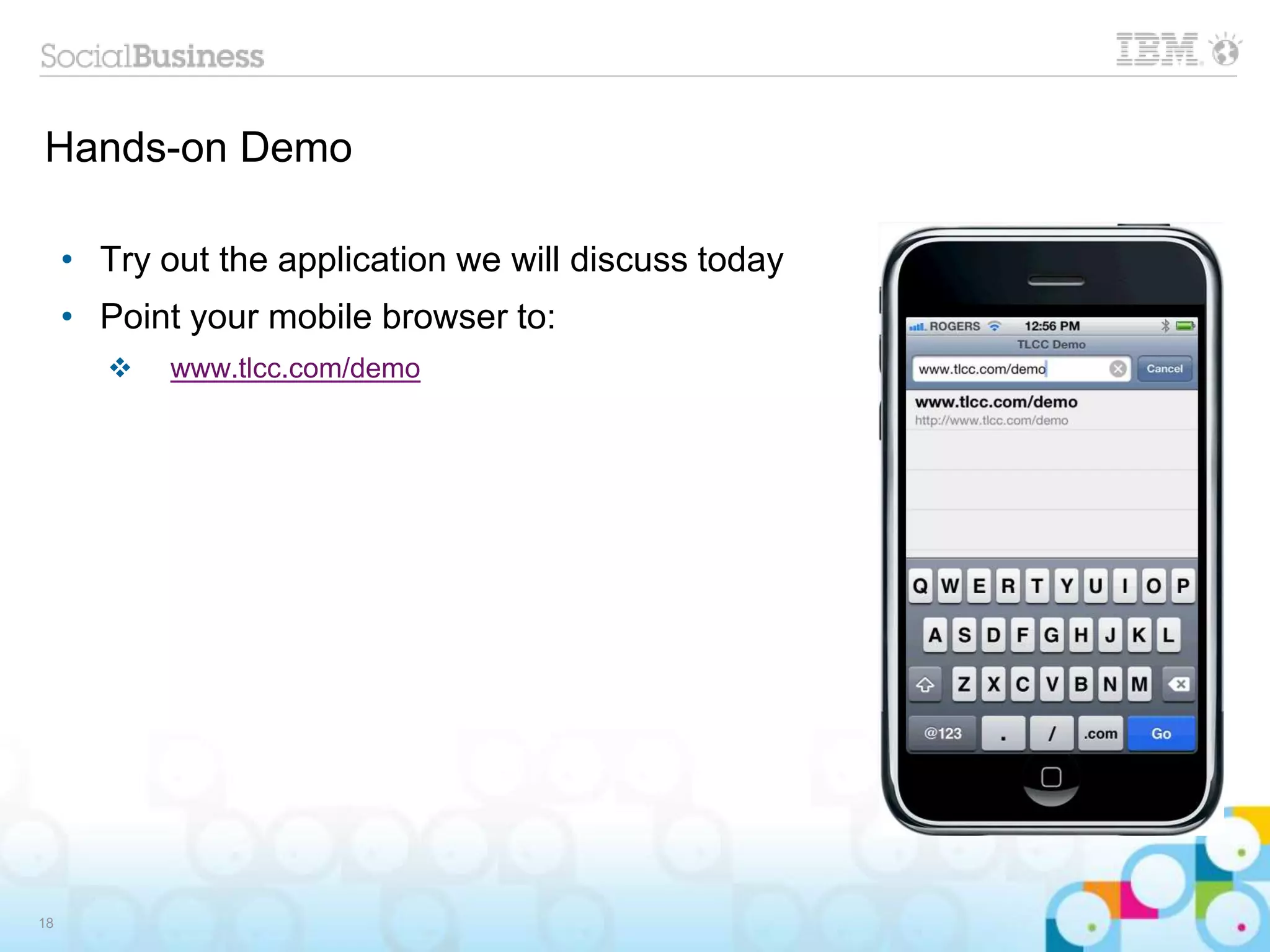 Hands-on Demo
• Try out the application we will discuss today
• Point your mobile browser to:
 www.tlcc.com/demo
18
 