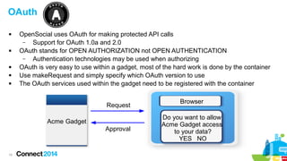 OAuth








OpenSocial uses OAuth for making protected API calls
–
Support for OAuth 1.0a and 2.0
OAuth stands for OPEN AUTHORIZATION not OPEN AUTHENTICATION
–
Authentication technologies may be used when authorizing
OAuth is very easy to use within a gadget, most of the hard work is done by the container
Use makeRequest and simply specify which OAuth version to use
The OAuth services used within the gadget need to be registered with the container
Request
Acme Gadget
Approval

19

Browser
Do you want to allow
Acme Gadget access
to your data?
YES NO

 