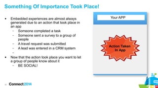 Something Of Importance Took Place!


Embedded experiences are almost always
generated due to an action that took place in
an app
–
Someone completed a task
–
Someone sent a survey to a group of
people
–
A travel request was submitted
–
A lead was entered in a CRM system
–



30

Now that the action took place you want to let
a group of people know about it
–
BE SOCIAL!

Your APP

Action Taken
In App

 