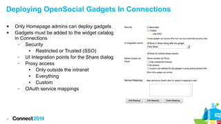 Deploying OpenSocial Gadgets In Connections



41

Only Homepage admins can deploy gadgets
Gadgets must be added to the widget catalog
in Connections
–
Security
●
Restricted or Trusted (SSO)
–
UI Integration points for the Share dialog
–
Proxy access
●
Only outside the intranet
●
Everything
●
Custom
–
OAuth service mappings

 