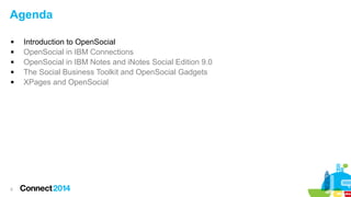 Agenda






5

Introduction to OpenSocial
OpenSocial in IBM Connections
OpenSocial in IBM Notes and iNotes Social Edition 9.0
The Social Business Toolkit and OpenSocial Gadgets
XPages and OpenSocial

 