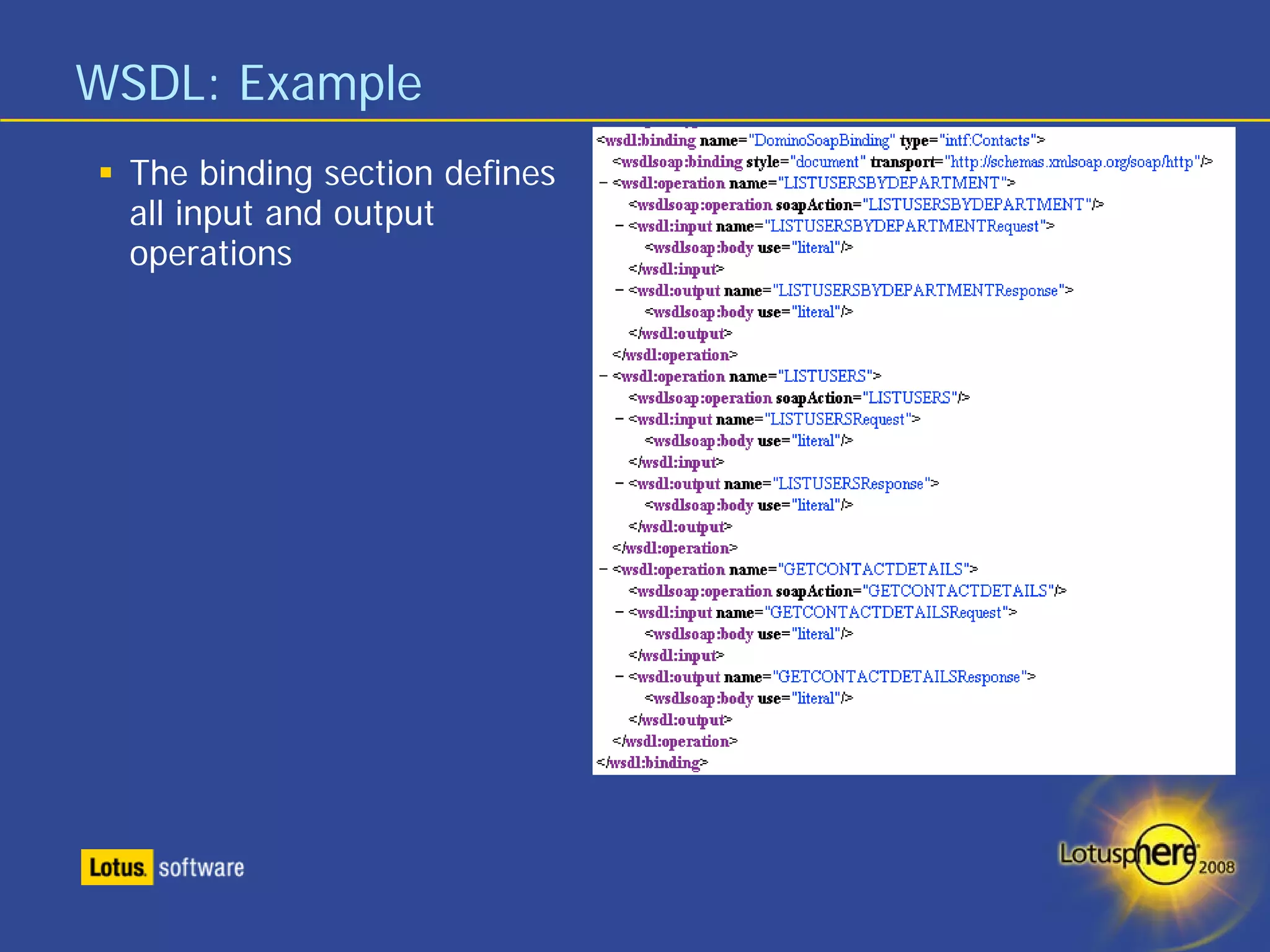 WSDL: Example
  The binding section defines
  all input and output
  operations
 