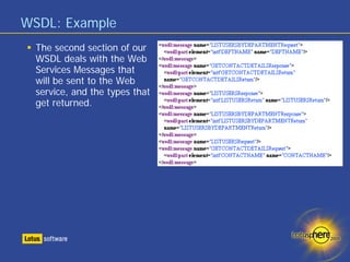WSDL: Example
  The second section of our
  WSDL deals with the Web
  Services Messages that
  will be sent to the Web
  service, and the types that
  get returned.
 