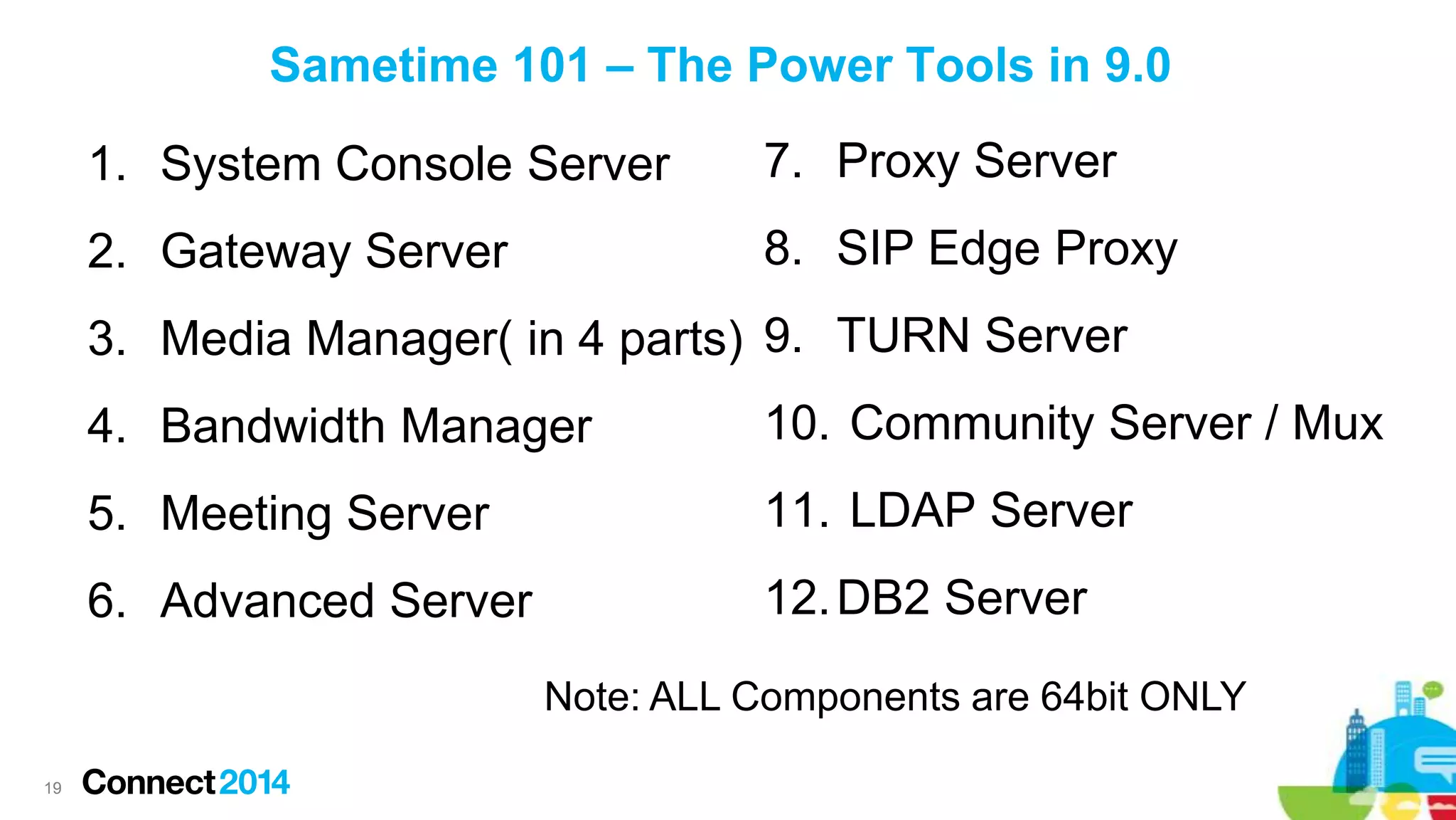Sametime 101 – The Power Tools in 9.0
1. System Console Server

7. Proxy Server

2. Gateway Server

8. SIP Edge Proxy

3. Media Manager( in 4 parts) 9. TURN Server
4. Bandwidth Manager

10. Community Server / Mux

5. Meeting Server

11. LDAP Server

6. Advanced Server

12. DB2 Server
Note: ALL Components are 64bit ONLY

19

 