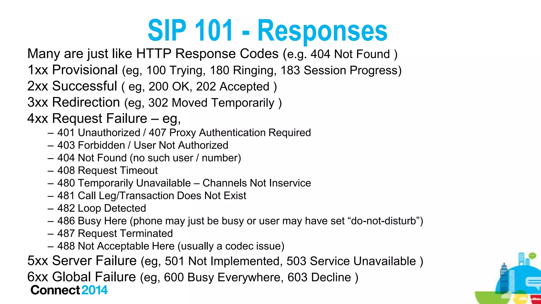 SIP 101 - Responses
Many are just like HTTP Response Codes (e.g. 404 Not Found )
1xx Provisional (eg, 100 Trying, 180 Ringing, 183 Session Progress)
2xx Successful ( eg, 200 OK, 202 Accepted )
3xx Redirection (eg, 302 Moved Temporarily )
4xx Request Failure – eg,
–
–
–
–
–
–
–
–
–
–

401 Unauthorized / 407 Proxy Authentication Required
403 Forbidden / User Not Authorized
404 Not Found (no such user / number)
408 Request Timeout
480 Temporarily Unavailable – Channels Not Inservice
481 Call Leg/Transaction Does Not Exist
482 Loop Detected
486 Busy Here (phone may just be busy or user may have set “do-not-disturb”)
487 Request Terminated
488 Not Acceptable Here (usually a codec issue)

5xx Server Failure (eg, 501 Not Implemented, 503 Service Unavailable )
6xx Global Failure (eg, 600 Busy Everywhere, 603 Decline )

 