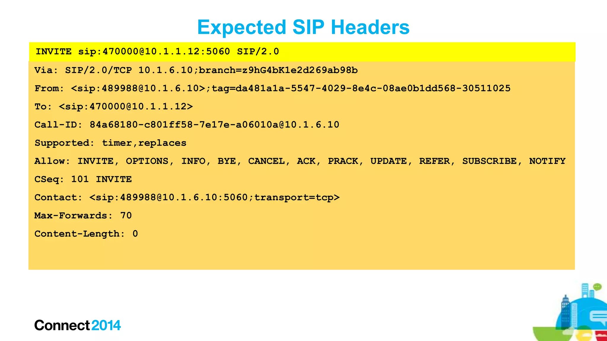 Expected SIP Headers
INVITE sip:470000@10.1.1.12:5060 SIP/2.0
Via: SIP/2.0/TCP 10.1.6.10;branch=z9hG4bK1e2d269ab98b
From: <sip:489988@10.1.6.10>;tag=da481a1a-5547-4029-8e4c-08ae0b1dd568-30511025
To: <sip:470000@10.1.1.12>
Call-ID: 84a68180-c801ff58-7e17e-a06010a@10.1.6.10
Supported: timer,replaces
Allow: INVITE, OPTIONS, INFO, BYE, CANCEL, ACK, PRACK, UPDATE, REFER, SUBSCRIBE, NOTIFY
CSeq: 101 INVITE
Contact: <sip:489988@10.1.6.10:5060;transport=tcp>
Max-Forwards: 70
Content-Length: 0

 