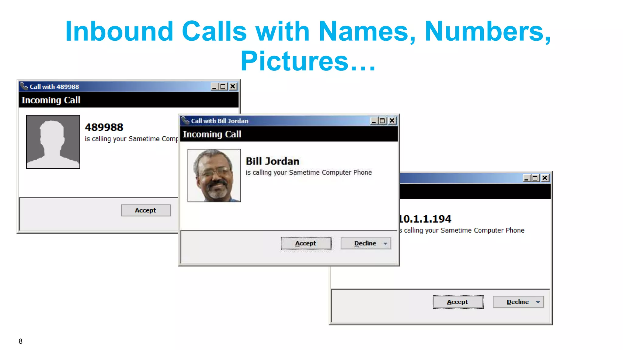 Inbound Calls with Names, Numbers,
Pictures…

8

 