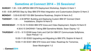 Sametime at Connect 2014 – 35 Sessions!
SUNDAY: 1:30 - 3:30 JMP204 IBM ST9 Deployment Workshop, Dolphin S Hemi 1
4:00 - 6:00 JMP205 Step by Step IBM ST9 Web Integration and Customization,Dolphin S Hemi 2
MONDAY - 5:00-6:00 KEY105 IBM Sametime Roadmap, Dolphin N Hemi A-C
TUESDAY - 1:30 – 2:30 BP501 Building and Deploying Custom IBM ST Connect Client
Installations, Dolphin N Hemi D
WEDNESDAY - 11:15-12:15 ID304 IBM ST9 Voice and Video Deployment, Dolphin N Hemi D

4:30-6:15 SHOW401 Taking IBM Sametime Mobile, Swan Osprey 1-2
THURSDAY – 8:15 – 9:15 ID306 keep Calm and Call On! IBM ST Communicate Softphone,
Swan Pelican 1-2
10:00-11:00 ID302 Upgrading and Migrating to IBM ST9, Dolphin N Hemi E
10:00-11:00 ID301 IBM ST9 Voice and Video: Roadmap for Tomorrow,
Swan Mockingbird 1-2
100

 