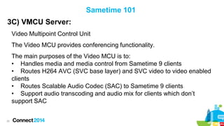 Sametime 101

3C) VMCU Server:
Video Multipoint Control Unit
The Video MCU provides conferencing functionality.

The main purposes of the Video MCU is to:
• Handles media and media control from Sametime 9 clients
• Routes H264 AVC (SVC base layer) and SVC video to video enabled
clients
• Routes Scalable Audio Codec (SAC) to Sametime 9 clients
• Support audio transcoding and audio mix for clients which don’t
support SAC

25

 
