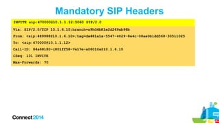 Mandatory SIP Headers
INVITE sip:470000@10.1.1.12:5060 SIP/2.0

Via: SIP/2.0/TCP 10.1.6.10;branch=z9hG4bK1e2d269ab98b
From: <sip:489988@10.1.6.10>;tag=da481a1a-5547-4029-8e4c-08ae0b1dd568-30511025
To: <sip:470000@10.1.1.12>
Call-ID: 84a68180-c801ff58-7e17e-a06010a@10.1.6.10
CSeq: 101 INVITE

Max-Forwards: 70

 
