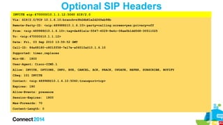 Optional SIP Headers
INVITE sip:470000@10.1.1.12:5060 SIP/2.0
Via: SIP/2.0/TCP 10.1.6.10;branch=z9hG4bK1e2d269ab98b
Remote-Party-ID: <sip:489988@10.1.6.10>;party=calling;screen=yes;privacy=off
From: <sip:489988@10.1.6.10>;tag=da481a1a-5547-4029-8e4c-08ae0b1dd568-30511025
To: <sip:470000@10.1.1.12>
Date: Fri, 03 Sep 2010 13:59:52 GMT
Call-ID: 84a68180-c801ff58-7e17e-a06010a@10.1.6.10
Supported: timer,replaces
Min-SE:

1800

User-Agent: Cisco-CCM5.1
Allow: INVITE, OPTIONS, INFO, BYE, CANCEL, ACK, PRACK, UPDATE, REFER, SUBSCRIBE, NOTIFY
CSeq: 101 INVITE
Contact: <sip:489988@10.1.6.10:5060;transport=tcp>
Expires: 180
Allow-Events: presence
Session-Expires:
Max-Forwards: 70
Content-Length: 0

1800

 