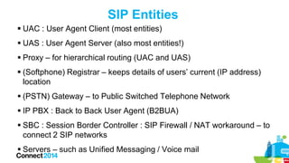 SIP Entities
 UAC : User Agent Client (most entities)
 UAS : User Agent Server (also most entities!)
 Proxy – for hierarchical routing (UAC and UAS)

 (Softphone) Registrar – keeps details of users’ current (IP address)
location
 (PSTN) Gateway – to Public Switched Telephone Network
 IP PBX : Back to Back User Agent (B2BUA)
 SBC : Session Border Controller : SIP Firewall / NAT workaround – to
connect 2 SIP networks
 Servers – such as Unified Messaging / Voice mail

 