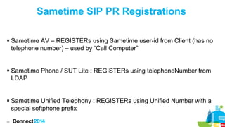 Sametime SIP PR Registrations
 Sametime AV – REGISTERs using Sametime user-id from Client (has no
telephone number) – used by “Call Computer”
 Sametime Phone / SUT Lite : REGISTERs using telephoneNumber from
LDAP
 Sametime Unified Telephony : REGISTERs using Unified Number with a
special softphone prefix
54

 