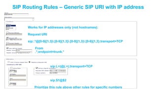 SIP Routing Rules – Generic SIP URI with IP address

Works for IP addresses only (not hostnames):
Request URI
sip:.*@[0-9]{1,3}.[0-9]{1,3}.[0-9]{1,3}.[0-9]{1,3};transport=TCP

From
.*;endpoint=trunk.*

sip:(.+)@(.+);transport=TCP

sip:$1@$2
Prioritize this rule above other rules for specific numbers

 