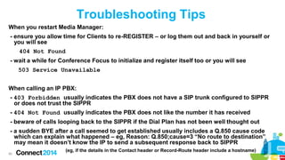 Troubleshooting Tips
When you restart Media Manager:

- ensure you allow time for Clients to re-REGISTER – or log them out and back in yourself or
you will see
404 Not Found
- wait a while for Conference Focus to initialize and register itself too or you will see
503 Service Unavailable
When calling an IP PBX:
- 403 Forbidden usually indicates the PBX does not have a SIP trunk configured to SIPPR
or does not trust the SIPPR
- 404 Not Found usually indicates the PBX does not like the number it has received
- beware of calls looping back to the SIPPR if the Dial Plan has not been well thought out
- a sudden BYE after a call seemed to get established usually includes a Q.850 cause code
which can explain what happened – eg, Reason: Q.850;cause=3 “No route to destination”
may mean it doesn’t know the IP to send a subsequent response back to SIPPR
80

(eg, if the details in the Contact header or Record-Route header include a hostname)

 