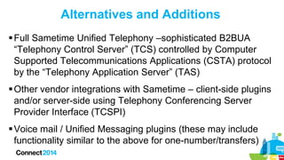 Alternatives and Additions
 Full Sametime Unified Telephony –sophisticated B2BUA
“Telephony Control Server” (TCS) controlled by Computer
Supported Telecommunications Applications (CSTA) protocol
by the “Telephony Application Server” (TAS)
 Other vendor integrations with Sametime – client-side plugins
and/or server-side using Telephony Conferencing Server
Provider Interface (TCSPI)
 Voice mail / Unified Messaging plugins (these may include
functionality similar to the above for one-number/transfers)

 