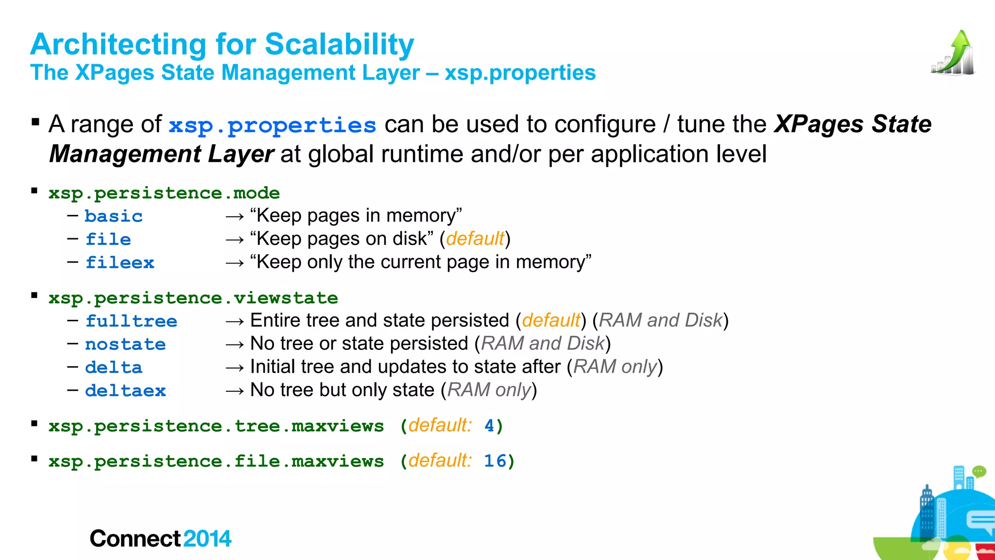 Architecting for Scalability

The XPages State Management Layer – xsp.properties

 A range of xsp.properties can be used to configure / tune the XPages State
Management Layer at global runtime and/or per application level
 xsp.persistence.mode
– basic
→ “Keep pages in memory”
– file
→ “Keep pages on disk” (default)
– fileex
→ “Keep only the current page in memory”
 xsp.persistence.viewstate
– fulltree
→ Entire tree and state persisted (default) (RAM and Disk)
– nostate
→ No tree or state persisted (RAM and Disk)
– delta
→ Initial tree and updates to state after (RAM only)
– deltaex
→ No tree but only state (RAM only)
 xsp.persistence.tree.maxviews (default: 4)
 xsp.persistence.file.maxviews (default: 16)

 