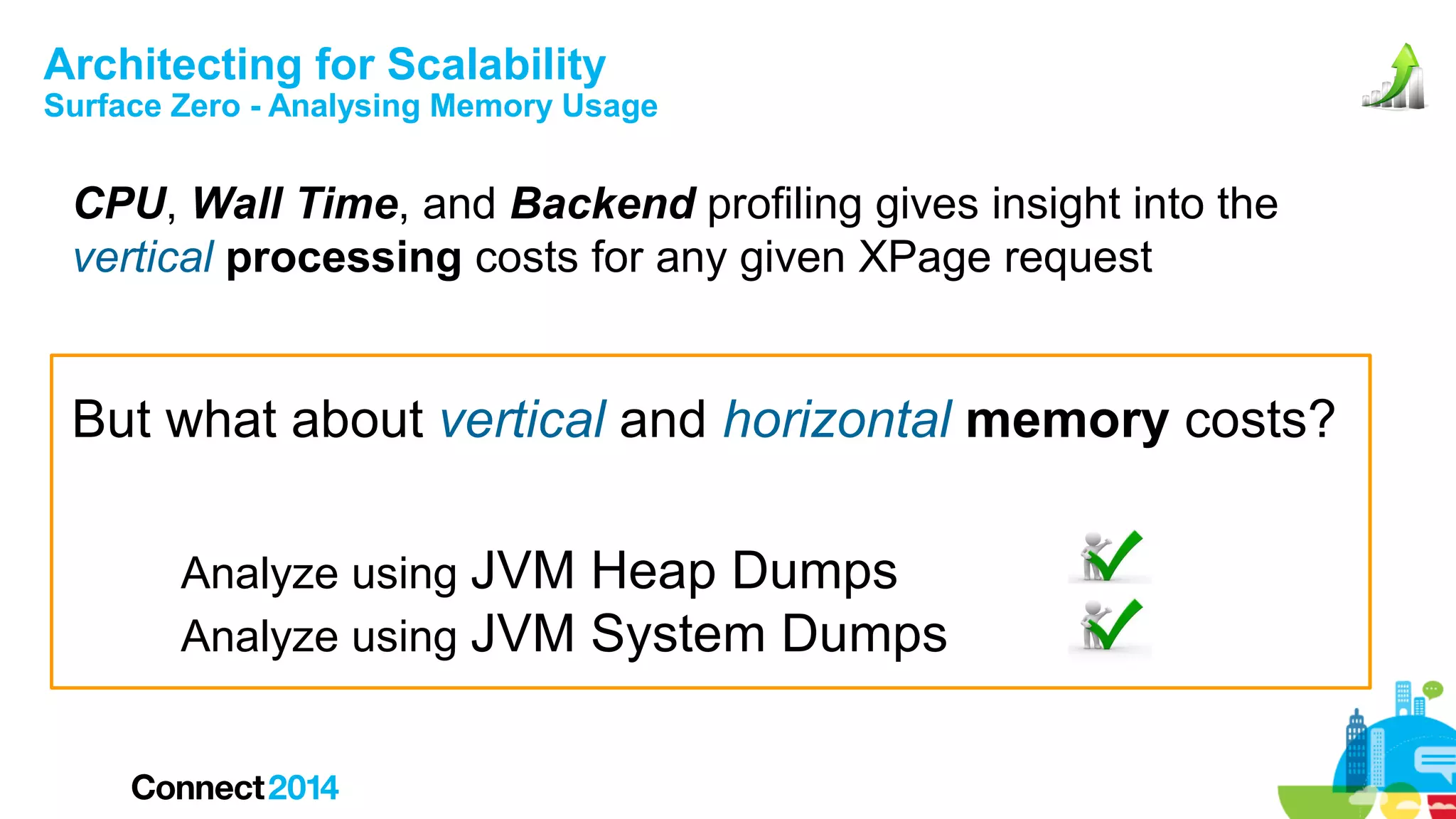 Architecting for Scalability

Surface Zero - Analysing Memory Usage

CPU, Wall Time, and Backend profiling gives insight into the
vertical processing costs for any given XPage request

But what about vertical and horizontal memory costs?
Analyze using JVM Heap Dumps
Analyze using JVM System Dumps

 