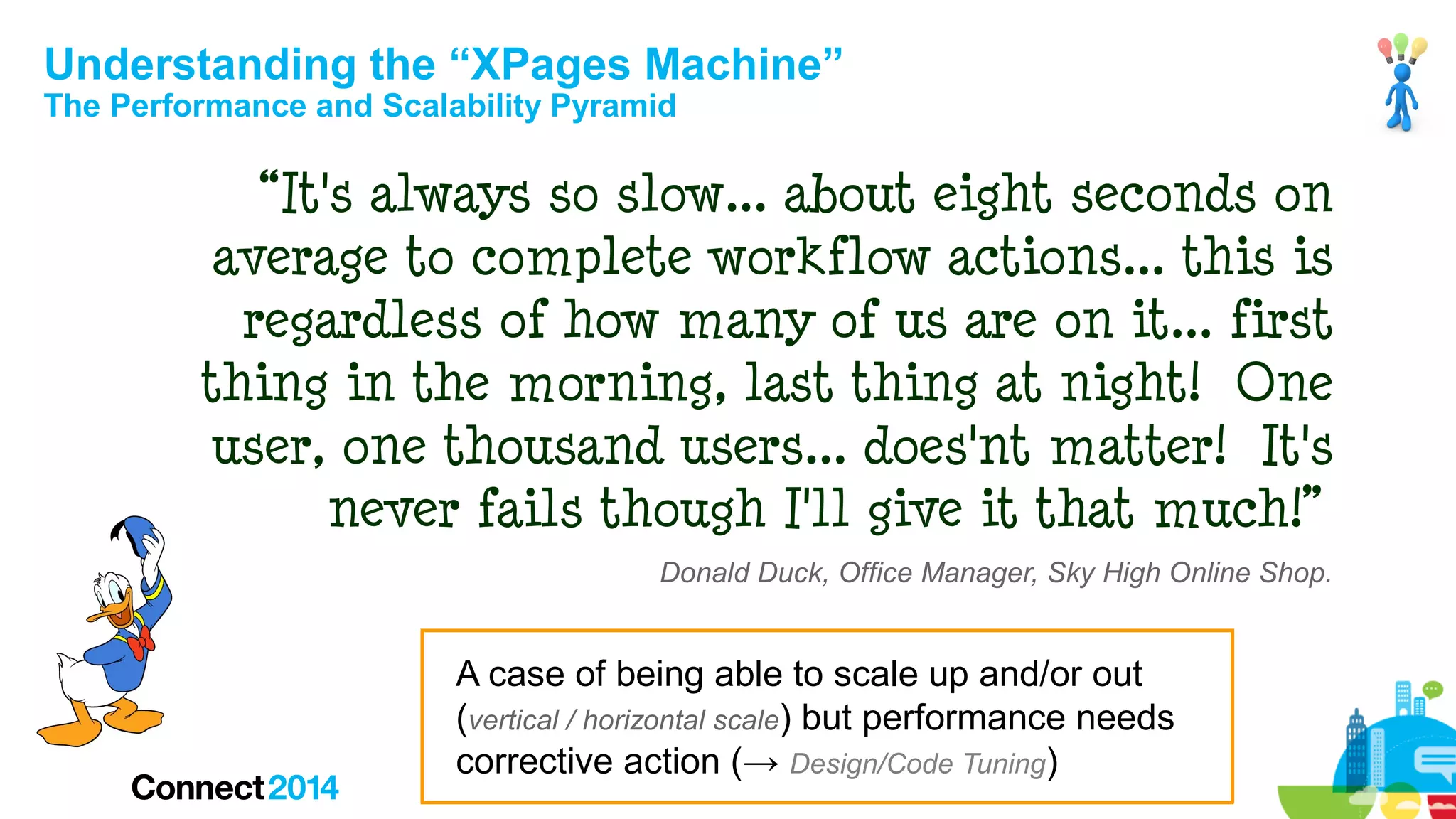 Understanding the “XPages Machine”
The Performance and Scalability Pyramid

“It's always so slow... about eight seconds on
average to complete workflow actions... this is
regardless of how many of us are on it... first
thing in the morning, last thing at night! One
user, one thousand users... does'nt matter! It's
never fails though I'll give it that much!”
An Office Manager, Some Online Shop.

A case of being able to scale up and/or out
(vertical / horizontal scale) but performance needs
corrective action (→ Design/Code Tuning)

 