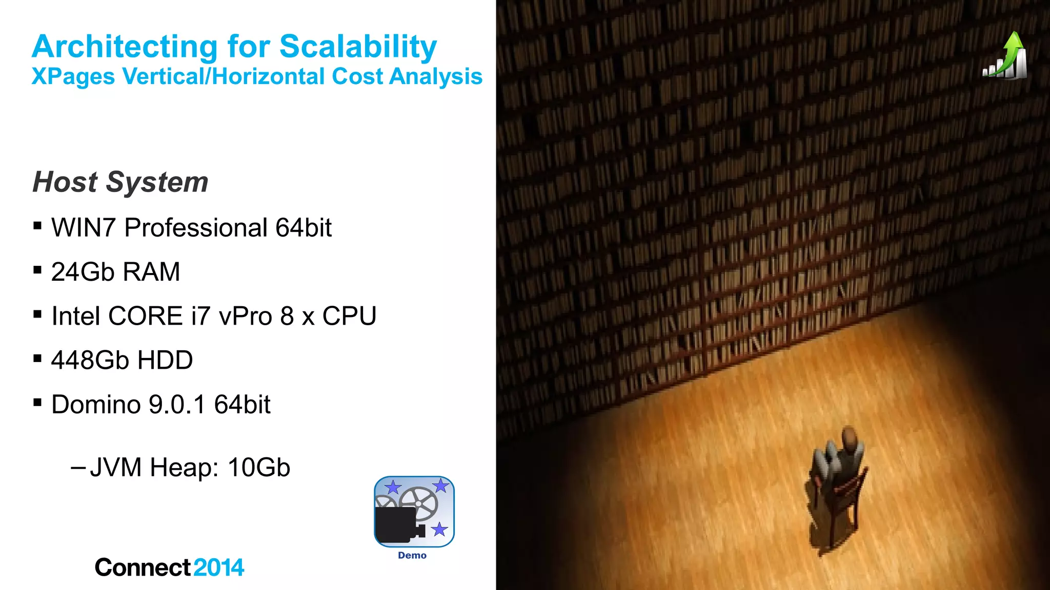 Architecting for Scalability

XPages Vertical/Horizontal Cost Analysis

Host System
 WIN7 Professional 64bit
 24Gb RAM
 Intel CORE i7 vPro 8 x CPU
 448Gb HDD
 Domino 9.0.1 64bit
– JVM Heap: 10Gb

 