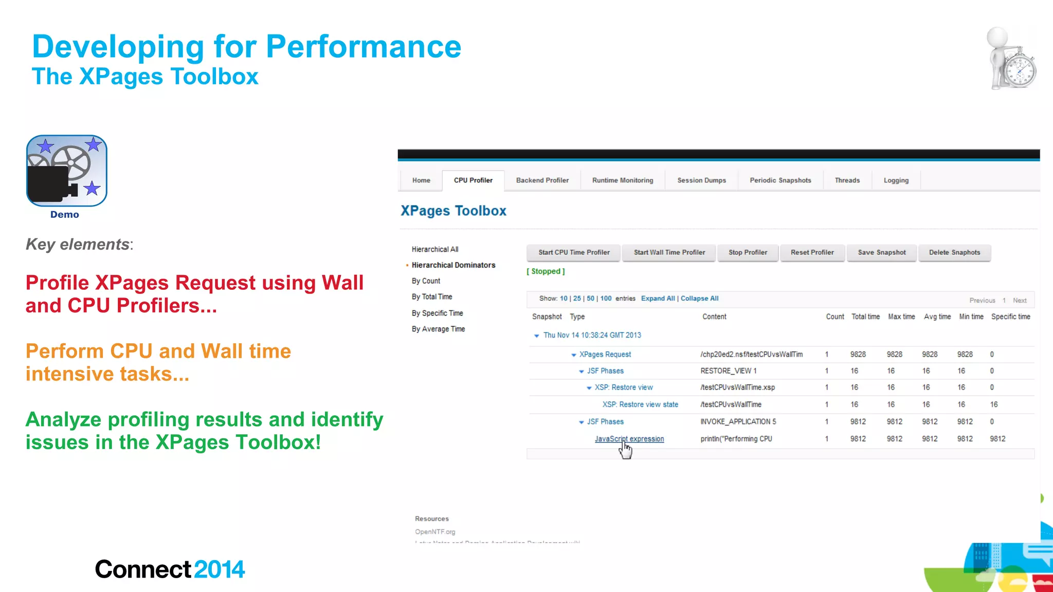 Developing for Performance
The XPages Toolbox

Key elements:

Profile XPages Request using Wall
and CPU Profilers...
Perform CPU and Wall time
intensive tasks...
Analyze profiling results and identify
issues in the XPages Toolbox!

 