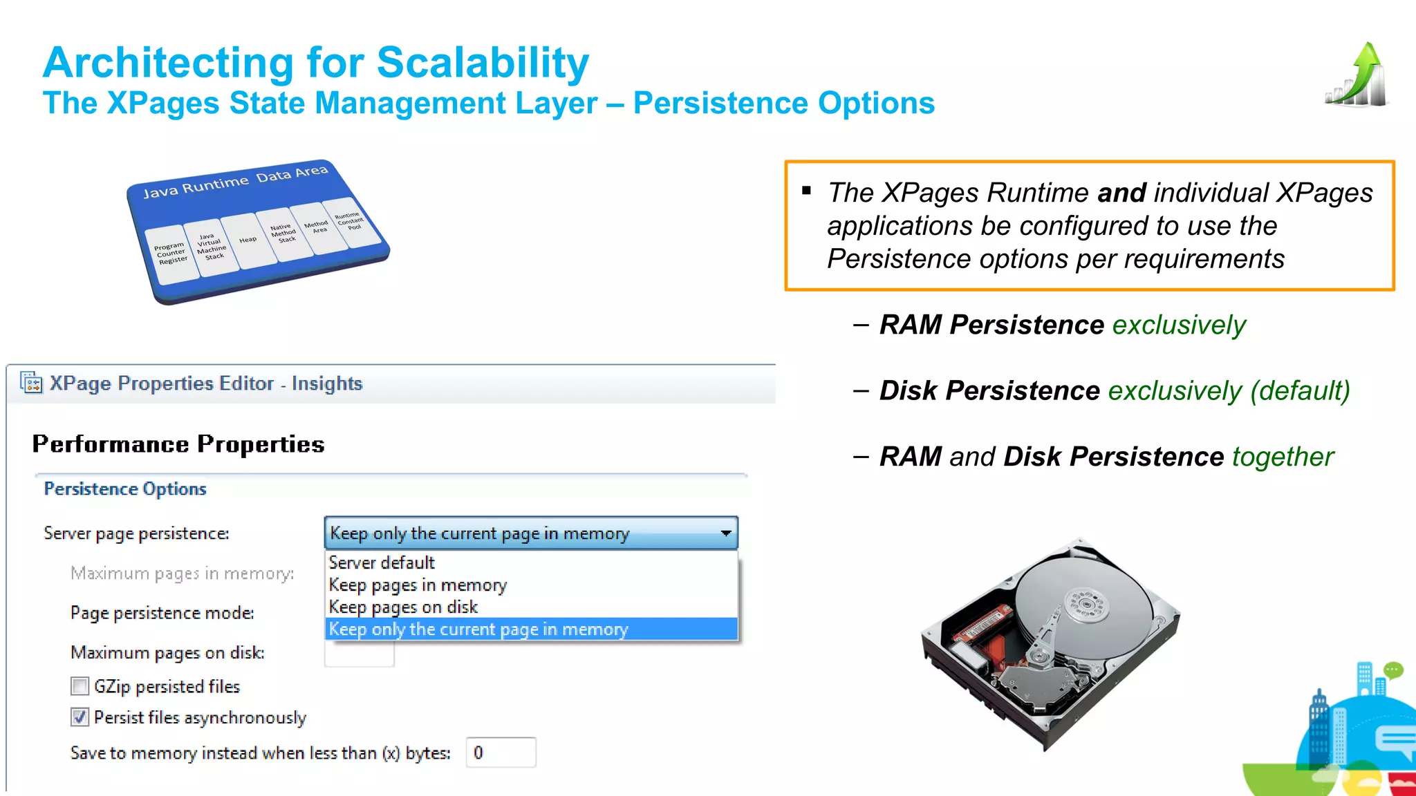 Architecting for Scalability

The XPages State Management Layer – Persistence Options
 The XPages Runtime and individual XPages
applications be configured to use the
Persistence options per requirements
– RAM Persistence exclusively
– Disk Persistence exclusively (default)
– RAM and Disk Persistence together

 