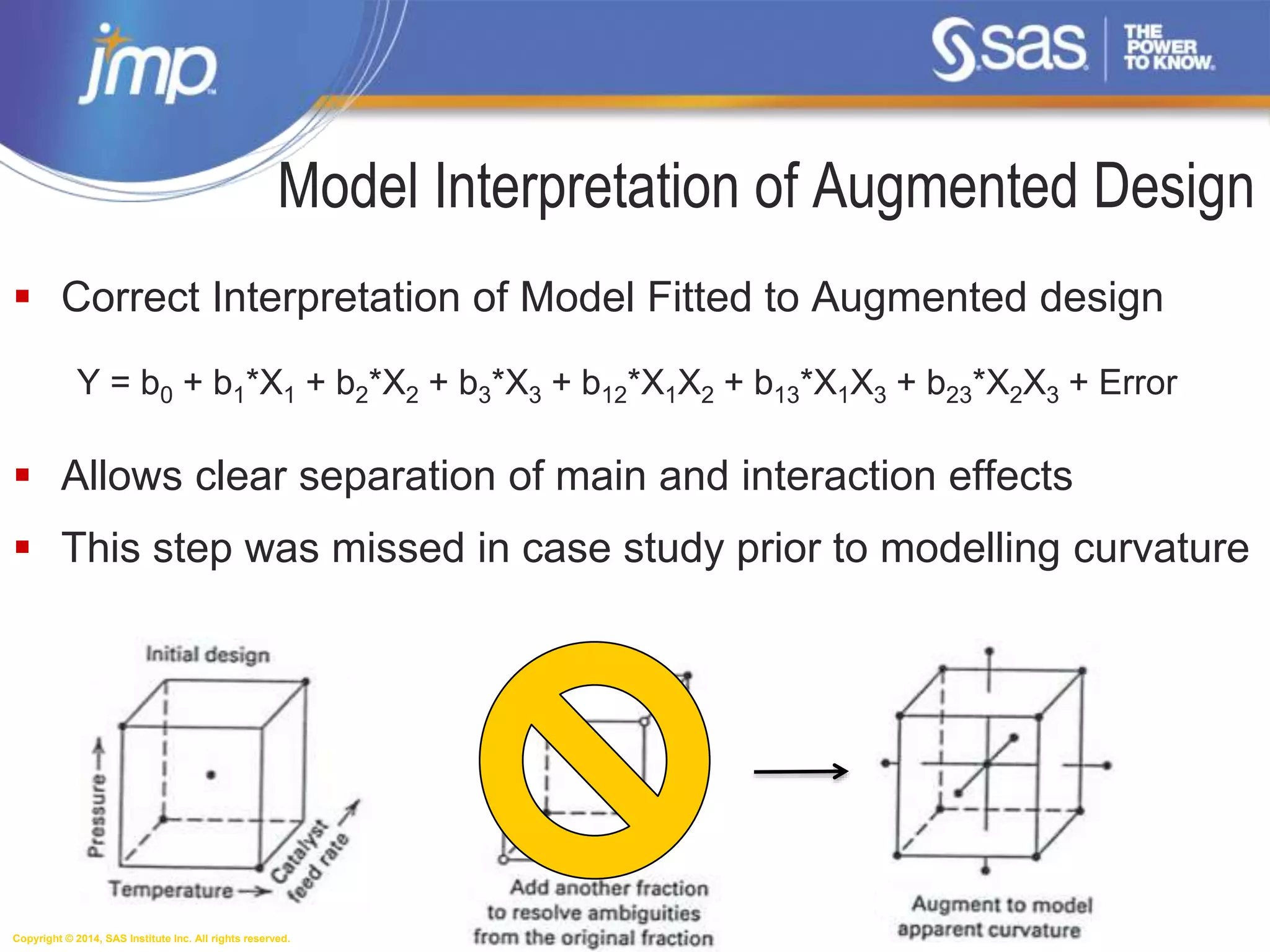 Copyright © 2014, SAS Institute Inc. All rights reserved.
Model Interpretation of Augmented Design
 Correct Interpretation of Model Fitted to Augmented design
Y = b0 + b1*X1 + b2*X2 + b3*X3 + b12*X1X2 + b13*X1X3 + b23*X2X3 + Error
 Allows clear separation of main and interaction effects
 This step was missed in case study prior to modelling curvature
 
