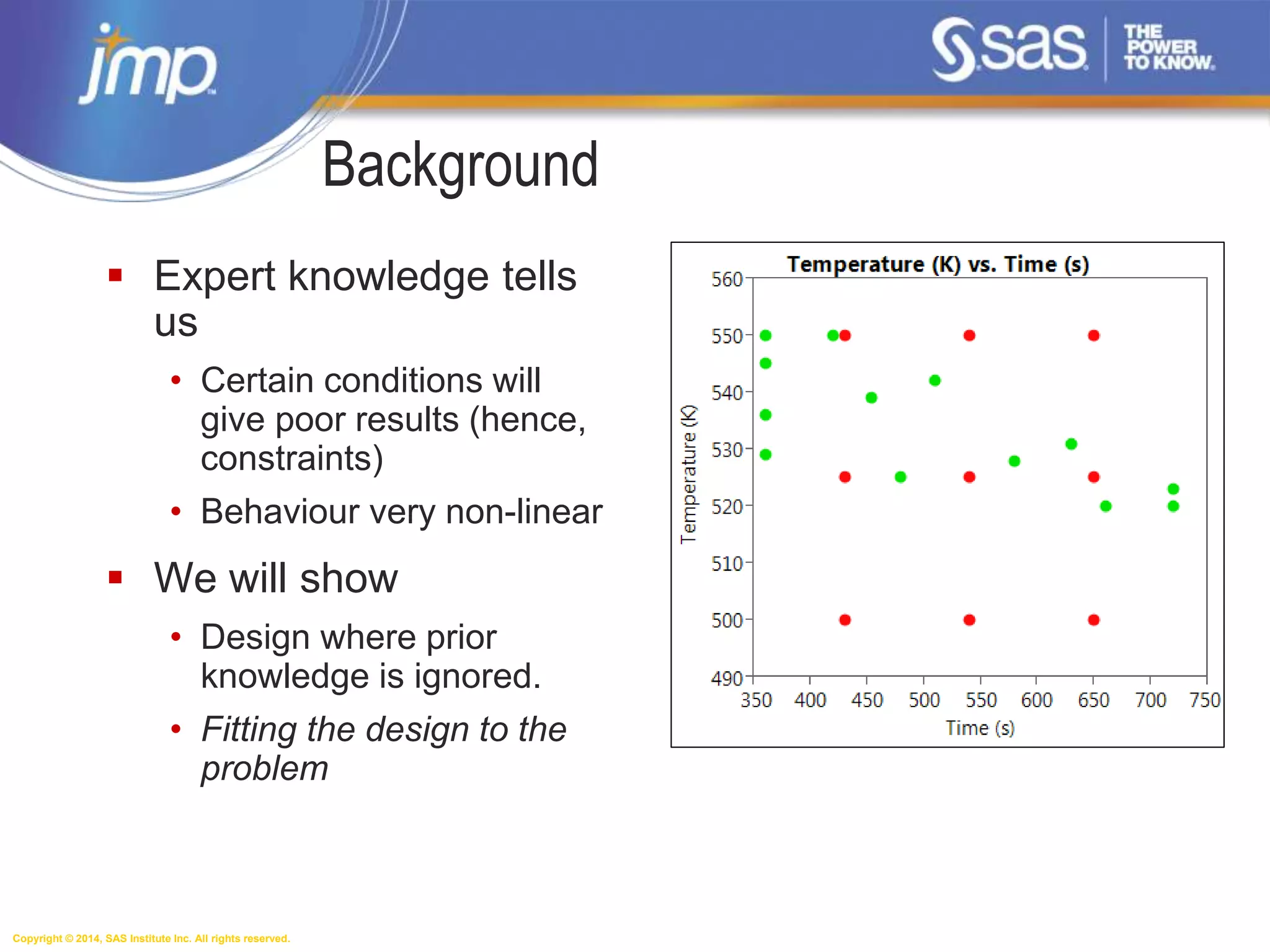 Copyright © 2014, SAS Institute Inc. All rights reserved.
Background
 Expert knowledge tells
us
• Certain conditions will
give poor results (hence,
constraints)
• Behaviour very non-linear
 We will show
• Design where prior
knowledge is ignored.
• Fitting the design to the
problem
 
