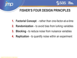Copyright © 2014, SAS Institute Inc. All rights reserved.
FISHER’S FOUR DESIGN PRINCIPLES
1. Factorial Concept - rather than one-factor-at-a-time
2. Randomization - to avoid bias from lurking variables
3. Blocking - to reduce noise from nuisance variables
4. Replication - to quantify noise within an experiment
 