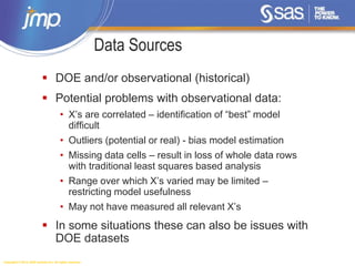 Copyright © 2014, SAS Institute Inc. All rights reserved.
Data Sources
 DOE and/or observational (historical)
 Potential problems with observational data:
• X’s are correlated – identification of “best” model
difficult
• Outliers (potential or real) - bias model estimation
• Missing data cells – result in loss of whole data rows
with traditional least squares based analysis
• Range over which X’s varied may be limited –
restricting model usefulness
• May not have measured all relevant X’s
 In some situations these can also be issues with
DOE datasets
 