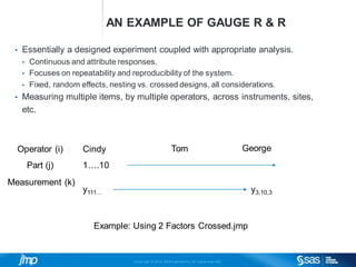 Copyri ght © 2014, SAS Institute Inc. Al l ri ghts reserved.
AN EXAMPLE OF GAUGE R & R
• Essentially a designed experiment coupled with appropriate analysis.
• Continuous and attribute responses.
• Focuses on repeatability and reproducibility of the system.
• Fixed, random effects, nesting vs. crossed designs, all considerations.
• Measuring multiple items, by multiple operators, across instruments, sites,
etc.
Cindy Tom GeorgeOperator (i)
Part (j) 1….10
Measurement (k)
y111… y3,10,3
Example: Using 2 Factors Crossed.jmp
 