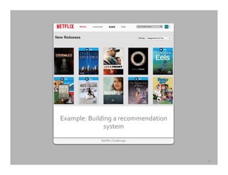Netﬂix	
  Challenge	
  
Example:	
  Building	
  a	
  recommendation	
  
system	
  
10	
  
 