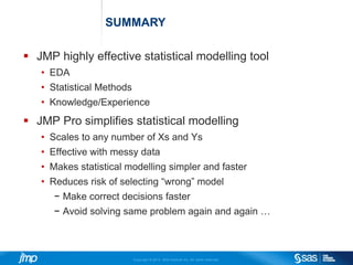 Copyright © 2014, SAS Institute Inc. All rights reserved.
SUMMARY
 JMP highly effective statistical modelling tool
• EDA
• Statistical Methods
• Knowledge/Experience
 JMP Pro simplifies statistical modelling
• Scales to any number of Xs and Ys
• Effective with messy data
• Makes statistical modelling simpler and faster
• Reduces risk of selecting “wrong” model
− Make correct decisions faster
− Avoid solving same problem again and again …
 
