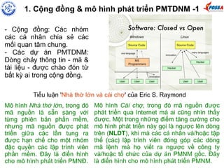1. Cộng đồng & mô hình phát triển PMTDNM -1 
- Cộng đồng: Các nhóm 
các cá nhân chia sẻ các 
mối quan tâm chung. 
- Các dự án PMTDNM: 
Dòng chảy thông tin - mã & 
tài liệu - được chào đón từ 
bất kỳ ai trong cộng đồng. 
Tiểu luận 'Nhà thờ lớn và cái chợ' của Eric S. Raymond 
Mô hình Nhà thờ lớn, trong đó 
mã nguồn là sẵn sàng với 
từng phiên bản phần mềm, 
nhưng mã nguồn được phát 
triển giữa các lần tung ra 
được hạn chế cho một nhóm 
đặc quyền các lập trình viên 
phần mềm. Đây là điển hình 
cho mô hình phát triển PMNĐ. 
Mô hình Cái chợ, trong đó mã nguồn được 
phát triển qua Internet mà ai cũng nhìn thấy 
được. Một trong những điểm tăng cường cho 
mô hình phát triển này gọi là ngược lên dòng 
trên (NLDT), khi mà các cá nhân và/hoặc tập 
thể (các) lập trình viên đóng góp các dòng 
mã lệnh mà họ viết ra ngược về công ty 
và/hoặc tổ chức của dự án PMNM gốc. Đây 
là điển hình cho mô hình phát triển PMNM. 
 