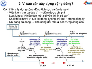 2. Vì sao cần xây dựng cộng đồng? 
Cần thiết xây dựng cộng đồng tích cực và đa dạng vì: 
- Việc kiểm thử và duy trì → giảm được chi phí 
- Luật Linus: “Nhiều con mắt soi vào thì lỗi sẽ cạn” 
- Khai thác được trí tuệ số đông, không chỉ của 1 trong công ty 
- CĐ càng đa dạng → khả năng đổi mới & bền vững càng cao 
 
