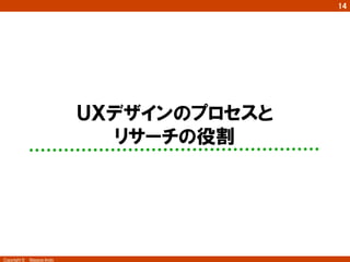 㻝㻠 
Copyright ©　Masaya Ando 
ＵＸデザインのプロセスと 
リサーチの役割 
2 
 