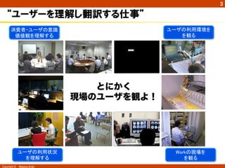 Copyright ©　Masaya Ando 
㻟 
“ユーザーを理解し翻訳する仕事” 
䝴䞊䝄䛾฼⏝⎔ቃ䜢䈊 
䜢ほ䜛 
㼃㼛㼞㼗䛾⌧ሙ䜢䈊 
䜢ほ䜛 
ᾘ㈝⪅䞉䝴䞊䝄䛾ព㆑䈊 
౯್ほ䜢⌮ゎ䛩䜛 
䝴䞊䝄䛾฼⏝≧ἣ䈊 
䜢⌮ゎ䛩䜛 
とにかく 
現場のユーザを観よ！ 
 