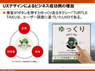 Copyright ©　Masaya Ando 
㻣 
ＵＸデザインによるビジネス成功例の増加 
n ஌ᐈ䛜䝪䝍䞁䜢ᢲ䛩䛸䜖䛳䛟䜚㉮䜛䝍䜽䝅䞊䛂TURTLE 
TAXI䛃䛿䚸䝴䞊䝄䞊ㄪᰝ䛻ᇶ䛵䛔䛯䠱䠴䠠䛷䛒䜛䚹 
䠄ฟᡤ䠖㼔㼠㼠㼜㻦㻛㻛㼣㼣㼣㻚㼕㼙㼖㼜㻚㼏㼛㻚㼖㼜㻛㼜㼛㼞㼠㼒㼛㼘㼕㼛㻛㼠㼍㼞㼠㼘㼑㼠㼍㼤㼕㻛㼕㼚㼐㼑㼤䠅 
 