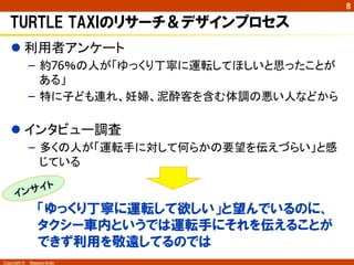 䜲䞁䝃䜲䝖 
Copyright ©　Masaya Ando 
㻤 
TURTLE TAXIのリサーチ＆デザインプロセス 
l ฼⏝⪅䜰䞁䜿䞊䝖䚷 
– ⣙76䠂䛾ே䛜䛂䜖䛳䛟䜚୎ᑀ䛻㐠㌿䛧䛶䜋䛧䛔䛸ᛮ䛳䛯䛣䛸䛜 
䛒䜛䛃 
– ≉䛻Ꮚ䛹䜒㐃䜜䚸ዷ፬䚸Ἶ㓉ᐈ䜢ྵ䜐యㄪ䛾ᝏ䛔ே䛺䛹䛛䜙 
l 䜲䞁䝍䝡䝳䞊ㄪᰝ 
– ከ䛟䛾ே䛜䛂㐠㌿ᡭ䛻ᑐ䛧䛶ఱ䜙䛛䛾せᮃ䜢ఏ䛘䛵䜙䛔䛃䛸ឤ 
䛨䛶䛔䜛 
　「ゆっくり丁寧に運転して欲しい」と望んでいるのに、 
　タクシー車内というでは運転手にそれを伝えることが 
　できず利用を敬遠してるのでは 
 