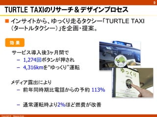 効 果 
Copyright ©　Masaya Ando 
㻥 
TURTLE TAXIのリサーチ＆デザインプロセス 
n 䜲䞁䝃䜲䝖䛛䜙䚸䜖䛳䛟䜚㉮䜛䝍䜽䝅䞊䛂TURTLE TAXI 
䠄䝍䞊䝖䝹䝍䜽䝅䞊䠅䛃䜢௻⏬䞉ᥦ᱌䚹 
䝃䞊䝡䝇ᑟධᚋ3䞄᭶㛫䛷 
– 1,274ᅇ䝪䝍䞁䛜ᢲ䛥䜜 
– 4,316km䜢䇾䜖䛳䛟䜚䇿㐠㌿ 
䝯䝕䜱䜰㟢ฟ䛻䜘䜚 
– ๓ᖺྠ᫬ᮇẚ㟁ヰ䛛䜙䛾ண⣙㻌113% 
– ㏻ᖖ㐠㌿᫬䜘䜚2%䜋䛹⇞㈝䛜ᨵၿ 
 
