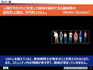 21
ダンバー数
100人を超えてくると、参加者同士が相手のことを覚えられなくなり、
また、コミュニティ内の情報が多すぎて、関係が深まっていきません。
21
人間がそれぞれと安定した関係を維持できる個体数の
認知的上限は、平均約150人。 （Robin Dunbar）
 